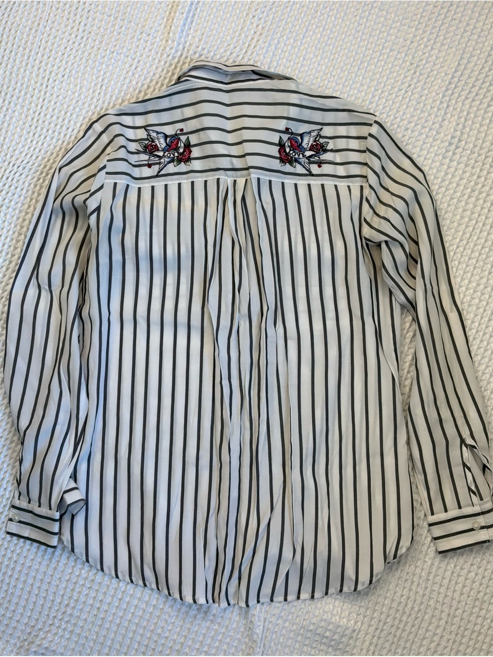 Express White Button-Down Shirt with Gray Stripes and Embroidered Birds